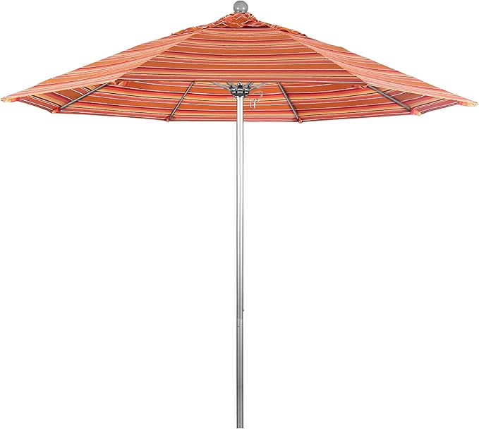 California Umbrella 9' Rd. Venture Series Contract Grade Patio Umbrella, Push Open Pin Stop, Silver Finish, Sunbrella Dolce Mango