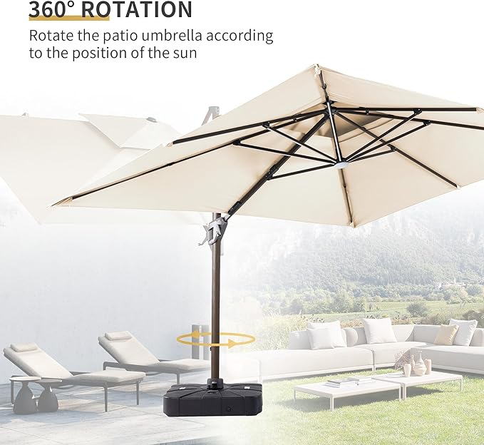 JZAC & QZYD 10X13 FT Outdoor Cantilever Patio Umbrella with Base Included and LED Lights, Large Heavy Duty 2-Tier Aluminum Offset Umbrellas with 360-Degree Rotation for Pool Deck, Beige