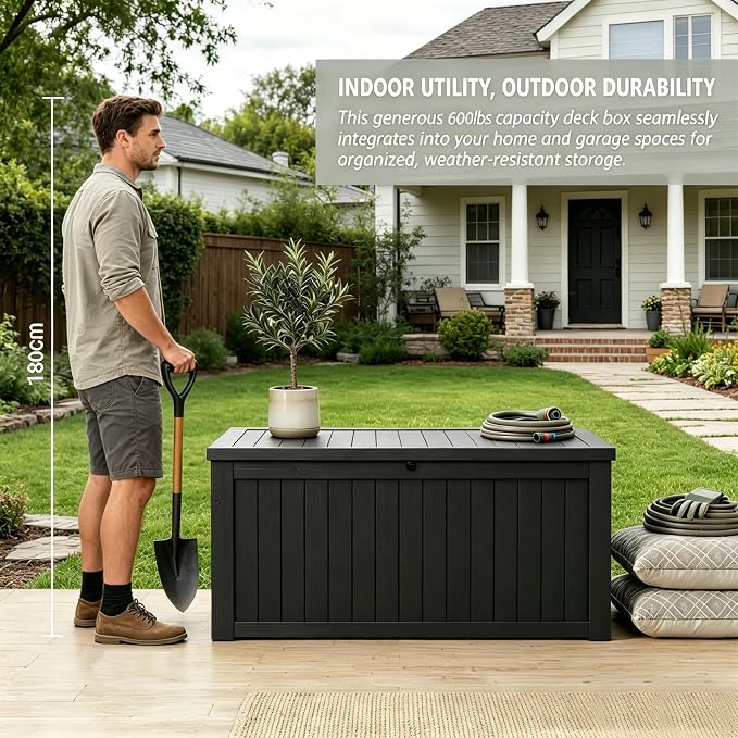 MAKINO 149 Gallon Resin Outdoor Storage Box, Waterproof Deck Box with Lockable Lid, Outside Storage Box for Patio Furniture, Pool Accessories, Garden Tools, Storage Bench for Backyard, Porch, Black