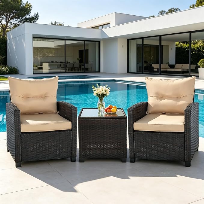3 Pieces Patio Furniture Set,Outdoor Wicker Conversation Set,Outdoor Wicker Patio Chairs with Cushions & Glass Coffee Table,Bistro Set Outdoor for Porch (Beige)