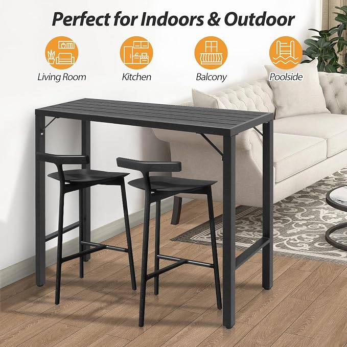 Outdoor Bar Table, 47” Patio Bar Height Table, Bar Counter Pub Dining Table with Waterproof Top for Balcony，Garden, Yard, Poolside (Black)