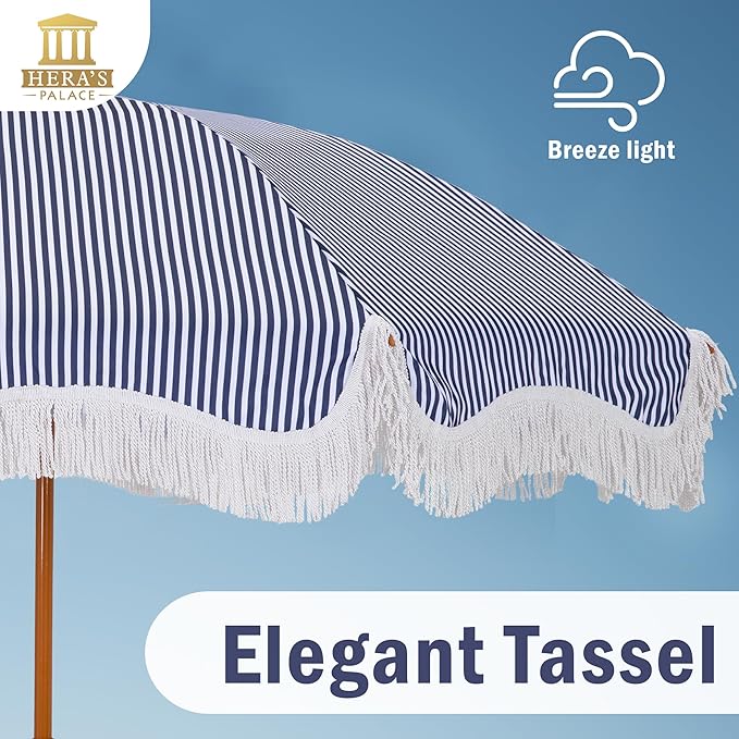 HERA'S PALACE 7ft Heavy Duty Beach Umbrella with Sand Anchor, Fringe Umbrella for Sand, UV 50+, Patio Umbrella with Tilt Pole for Garden Pool Backyard