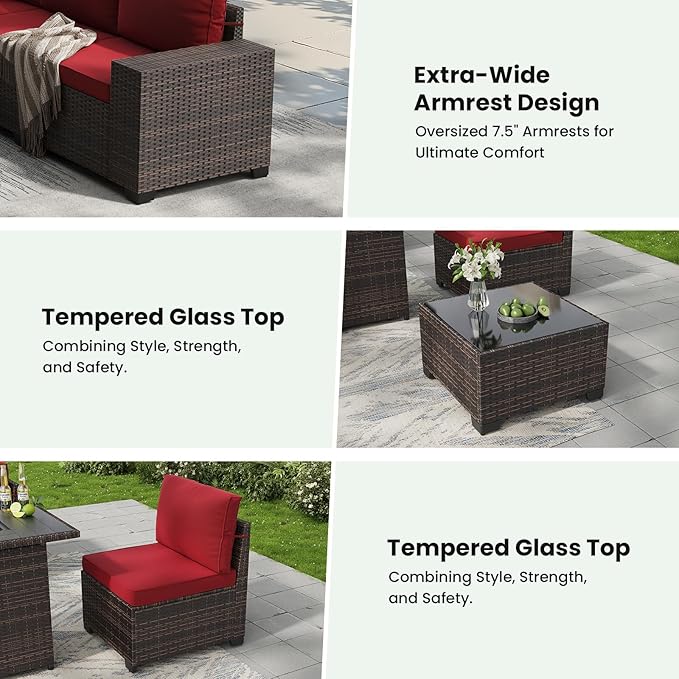 Soohow 6-Piece Patio Furniture Set All-Weather Outdoor Wicker Sectional Conversation Set with Cushion and Glass Table for Garden, Porch, Backyard, Wine Cushions