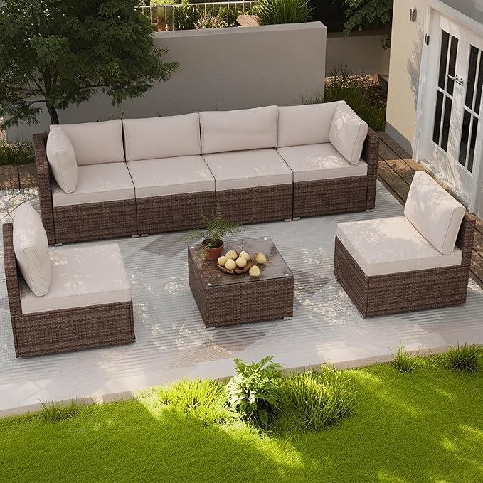 7-Piece Outdoor Patio Furniture Set – Handwoven All-Weather Rattan & 4” Thick Waterproof Cushions, Wicker Outdoor Conversation Sets with Coffee Table for Deck, Backyard, Garden, Beige/Brown