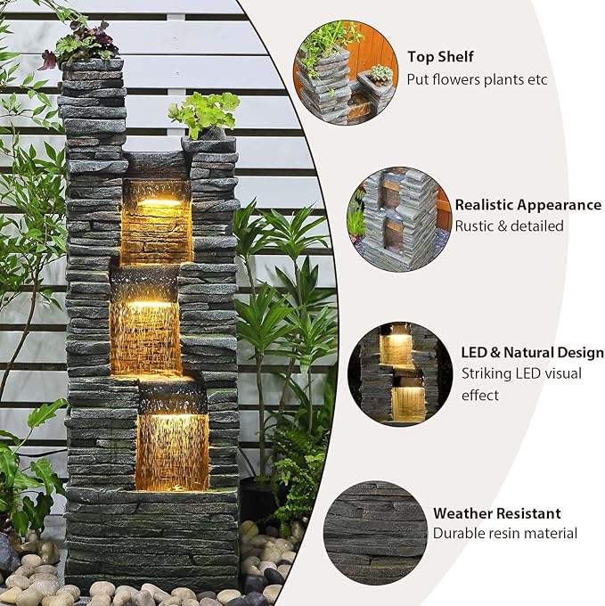 Bumilgar 47" H Garden Water Fountain Outdoor with LED Lights & Pump, 3-Tier Cascading Outdoor Fountain for Garden,Patio,Porch,Backyard,Home Art Decor (Gray)