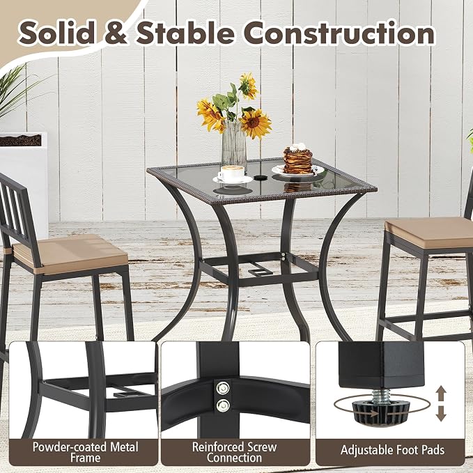 Tangkula Patio Bar Table with Umbrella Hole, All Weather 37 Inches Height Heavy Duty Outdoor Square Glass Top Table, for Garden Balcony Poolside and Lawn, Mix Brown