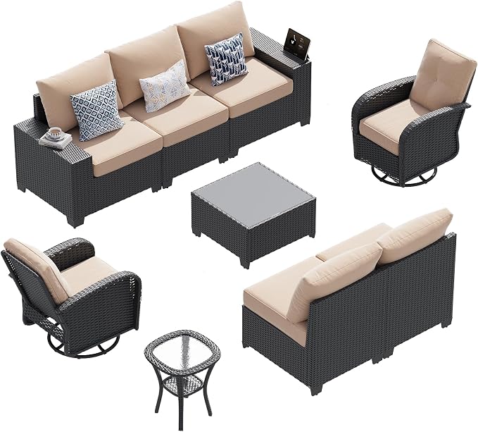 LazySunsets 9 PCS Patio Furniture Set, Outdoor Sectional All-Weather Wicker Conversation Set with Swivel Rocker Chairs, 4'' Thick Cushions for Backyard Poolside(Cream/Black)