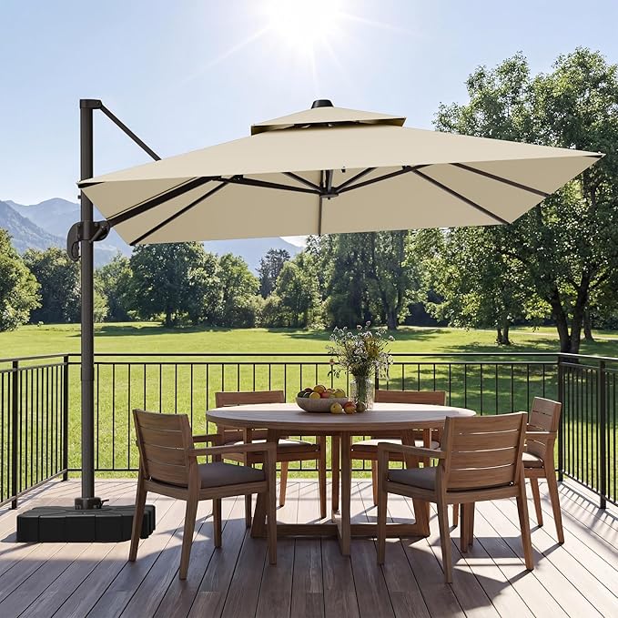 GENTEACO 10X10 FT Cantilever Umbrella, Large Offset Patio Umbrella with Double Top, 6 Angle Tilts & 360° Rotation, Large Square Sun Umbrellas for Outdoor Patio Pool Deck Market, Beige