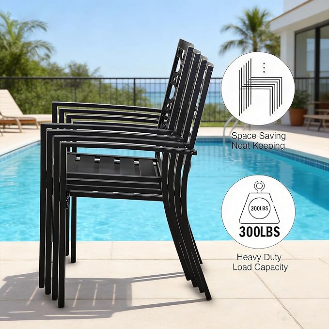 MEOOEM 5-Piece Patio Dining Set for 4, Outdoor Round Tables and Stackable Chairs Set of 4, All Weather Heavy Duty Black Metal Outdoor Patio Table and Chairs for Outside, Deck, Garden, Backyard