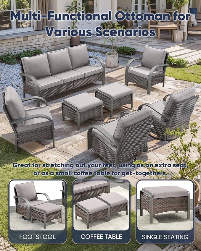 HUMMUH Swivel Rocker Outdoor Chair-High Back Patio Chairs with Ottoman Outdoor Conversation Furniture Sets for Deck Porch Garden Poolside Backyard-Brown/Grey