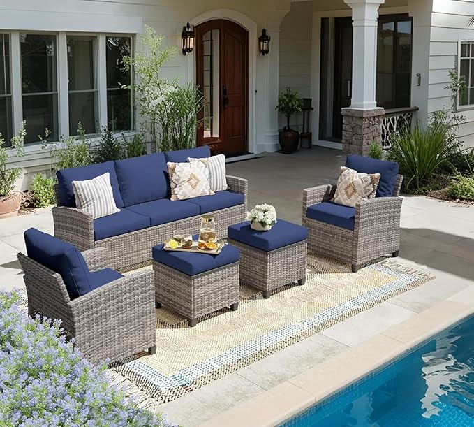 5 Piece Patio Furniture Set, All Weather Outdoor Sectional Set, Wicker Outside Furniture Patio Sofa Set for Backyards, Porch, Poolside, Garden, Balcony (Gray & Blue)
