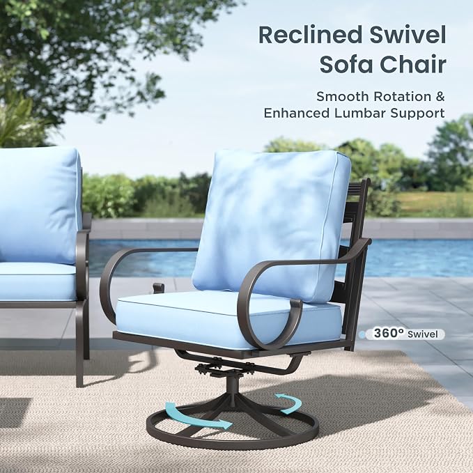 PHI VILLA Patio Furniture Set, 3-Seater Sofa, 4 Swivel Chairs and a Coffee Table, Outdoor Metal Conversation Set with 5.75" Extra Thick Cushion for Garden Backyard Deck, Blue