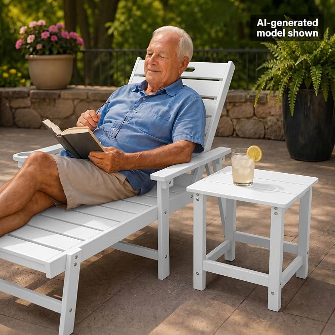 MXIMU Outdoor Side Table Set of 2: Heavy-Duty Sturdy Warp Resistant Adirondack Table - Wood Grain Finish Outdoor End Tables - Easy Assembly & Low Maintenance Patio Side Table White