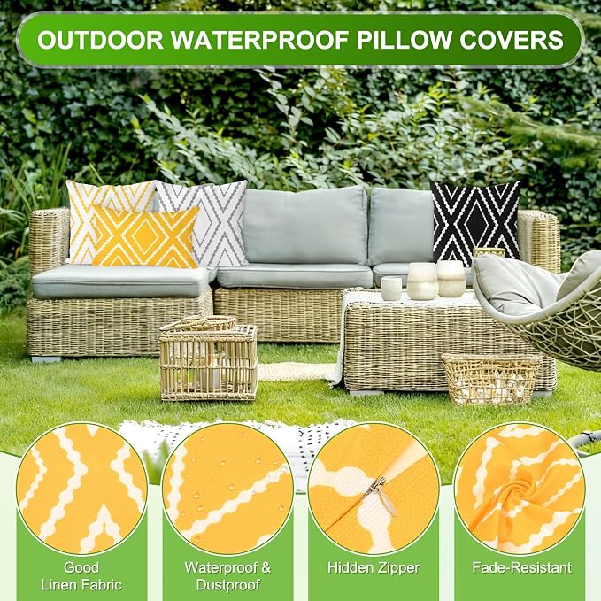 M METERXITY 2-Pack Boho Pillow Cover 16x16 Linen, Yellow White Stripe | Water Resistant Boho Geometric Slipcover, for Patio, Balcony, Garden, Decor Pillow Case