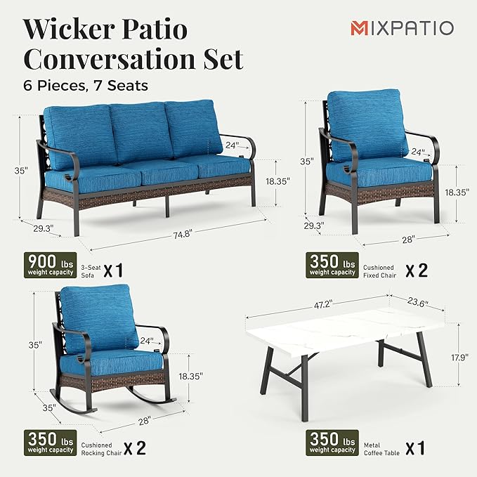 Patio Furniture Set with Coffee Table, Outdoor Conversation Set with 2 x Fixed Chairs, 2 x Rocking Chairs, 1 x 3-Seat Sofa for Lawn Garden Backyard, Pacific Blue