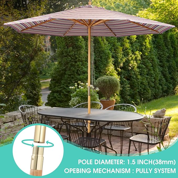 9ft Bamboo Umbrella, Outdoor Patio Umbrella, Waterproof Market Umbrella, 8 Ribs Table Umbrella with Pulley Lift for Garden, Deck, Pool, lawn, Backyard