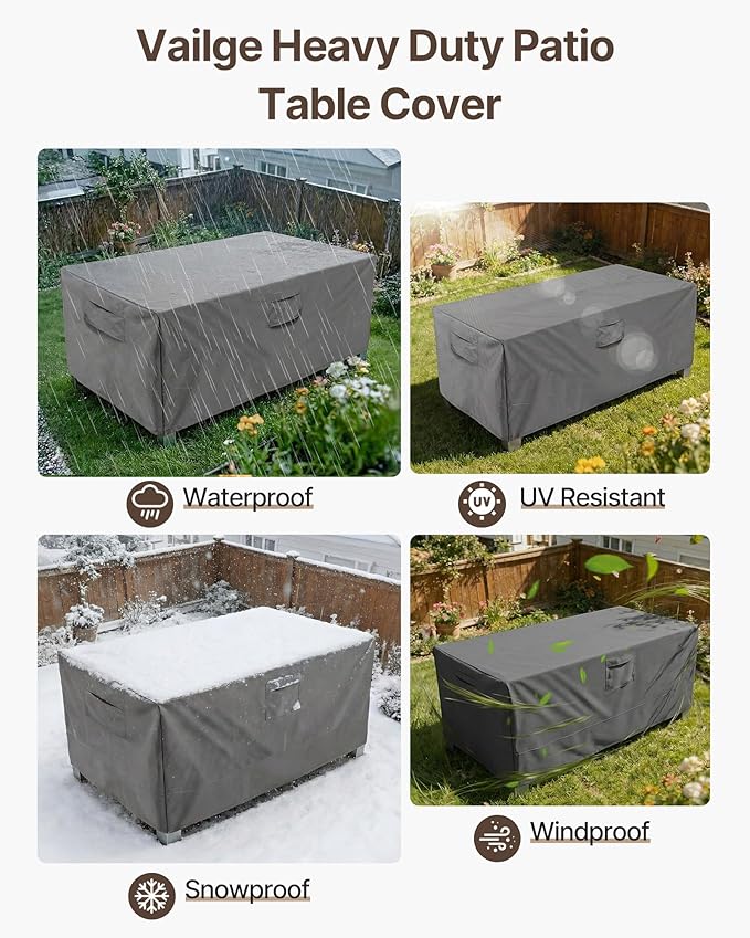 Vailge Rectangular/Oval Patio Table Cover, Heavy Duty and Waterproof Outdoor Lawn Patio Furniture Covers, Large Grey