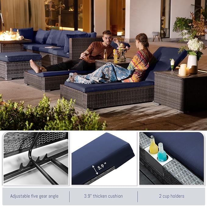 BULEXYARD 11 Piece Large High Back Outdoor Patio Furniture Sets with Firepit and Loungers, Cozy Extra Deep Wide Seating Sectional Conversation Couch Backyard Sitting Sets, Grey Wicker & Blue Cushion