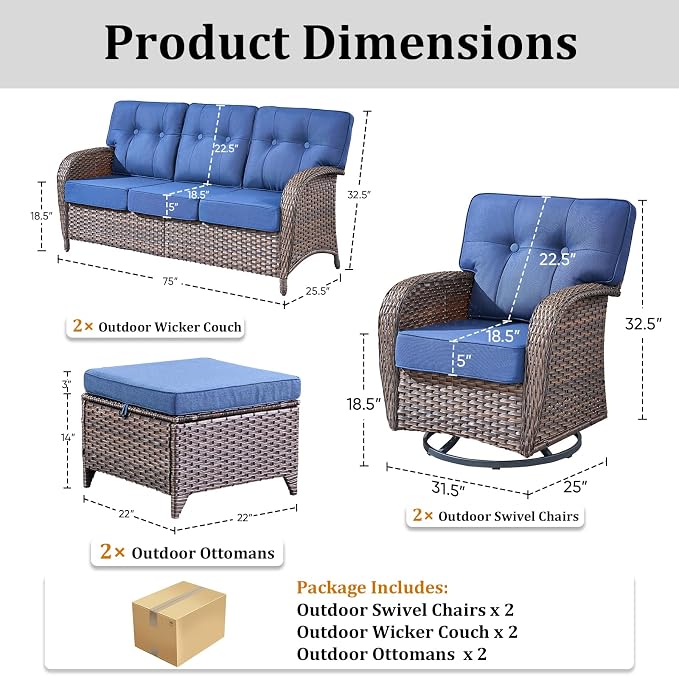 Patio Furniture Set, 6PCS Outdoor Wicker Conversation Set with 5" Thick Cushions, High Back Rattan Sofa & Swivel Rocker Chairs, Weather Resistant Olefin Fabric for Garden, Poolside Brown/Blue