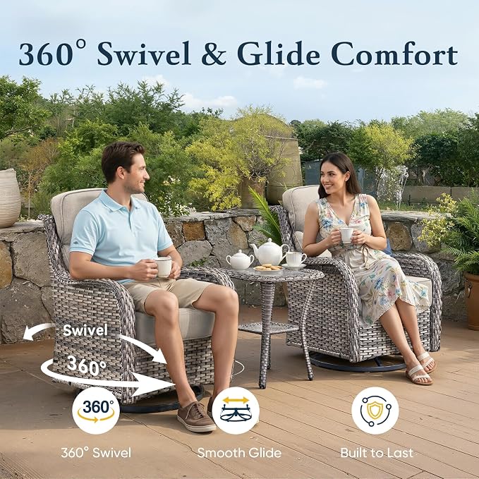 Belord Luxury 6" Thick Cushioned Outdoor Swivel Rocker Patio Chairs with Side Table, High Back Wicker Furniture Set with Ergonomic Zone Back, Conversation Glider Set for Deck Porch - Grey+Beige