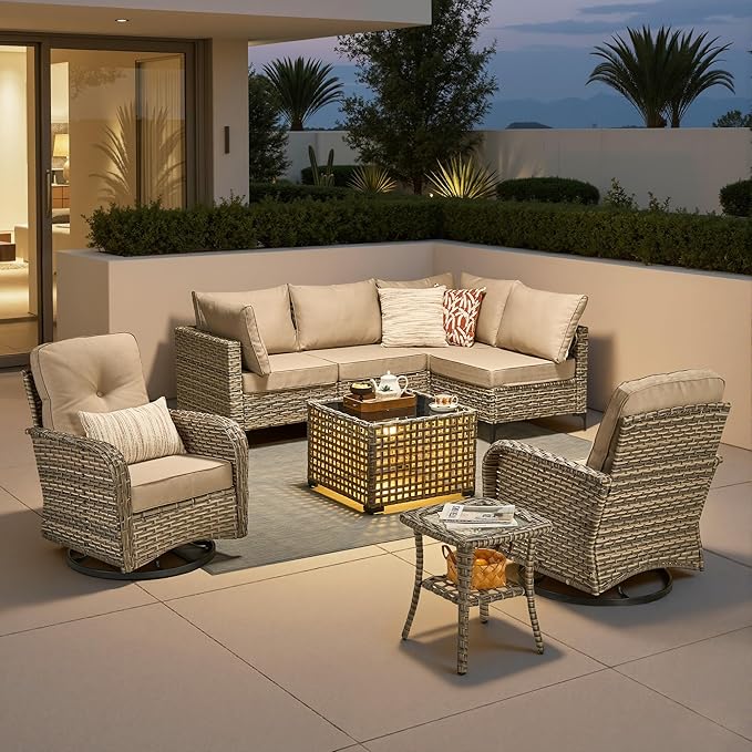 8 Pieces Outdoor Sectional Patio Furniture Set with Swivel Rocking Chairs,Conversation Sets Rattan Wicker L Shaped Couch,Modular Outdoor Sofa for Porch Balcony Backyard Beige