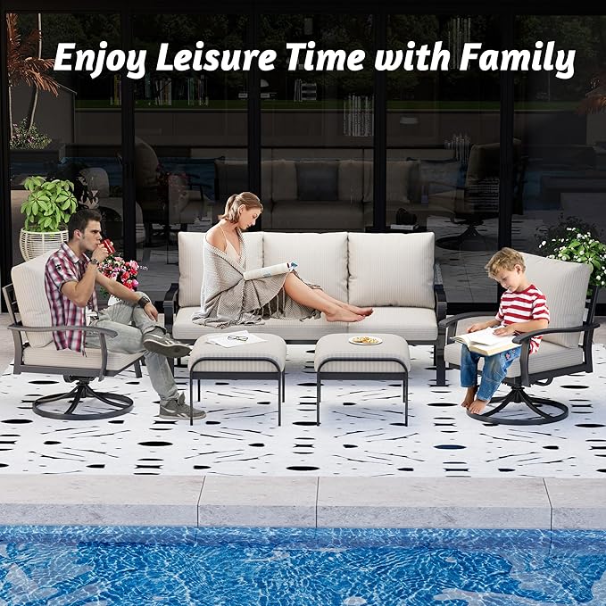 HOMREST Patio Furniture Sets 6 PCS Outdoor Metal Conversation Sets, 360 Degree Swivel Rocking Chairs Patio Conversation Set with Ottomans, Coffee Table and 3-Seat Sofa for Garden, Deck and Poolside