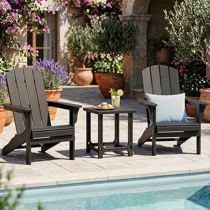 Tangkula Outdoor Adirondack Side Table Set of 2, 18" Heavy Duty HDPE Patio End Table with Slatted Surface, 0-Screw Assembly, Easy Maintenance, Small Side Table for Porch, Pool, Garden, Deck (Black, 2)