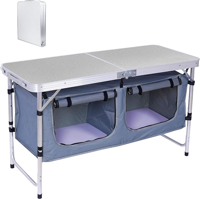 Nice C Camping Table, Folding Table Height Adjustable, Camp Storage Kitchen Table, Lightweight Aluminum, with Carry Handle for Outdoor, Beach, BBQ, Picnic, Cooking, Festival, Indoor, Office