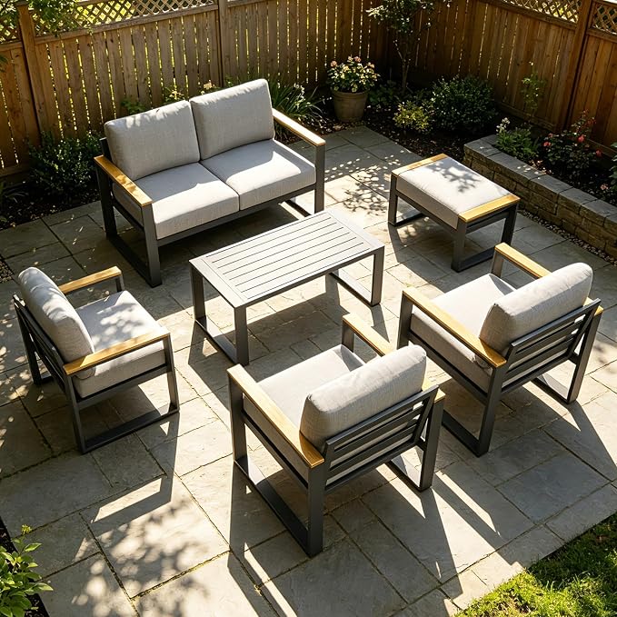 Aluminum Patio Ottoman Set of 2 - Outdoor Footstools with Cushions - Small Metal Garden Chairs - Ideal for Balcony, Deck, Backyard - Outdoor Furniture, Grey