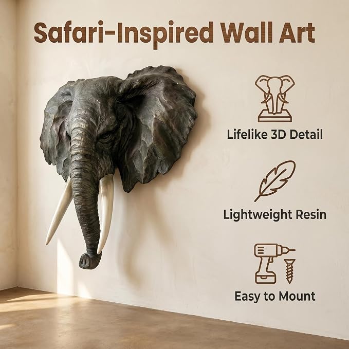 Elephant Head Wall Decor, 16 Inch | Large Resin, Faux Taxidermy Animal Mount Sculpture, Lifelike 3D Wildlife Statue, Safari Themed Rustic Cabin