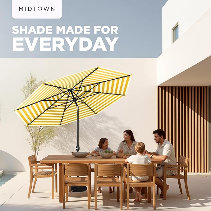 Midtown Umbrellas 10-Year-No-Fade - 8 Ft - UV Proof White/Yellow Stripes Fabric - Umbrella Outdoor Patio, Auto-Tilt Aluminum Frame Patio Umbrella for Garden, Pool & Deck - Black Pole