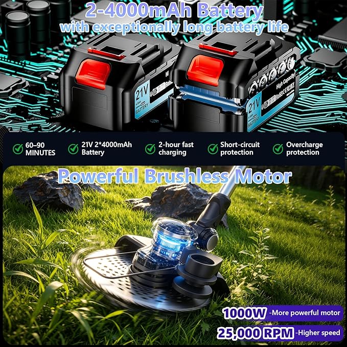 25000 RPM Electric Weed Wacker, 8000mAh Battery, 12″ Brushless Cordless 4-in-1 Brush Cutter/Weed Eater/String Trimmer/Grass Trimmer, Electric String Trimmer 2 Batteries and Charger