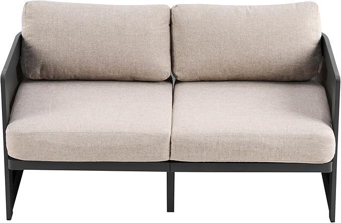 Christopher Knight Home Norhill Patio Sofa Set, 3 Pieces Outdoor Seating Set, Aluminum Patio Furniture Set with Two Club Chairs and Loveseat, Conversation Set for Patio Garden Poolside, Beige + Black