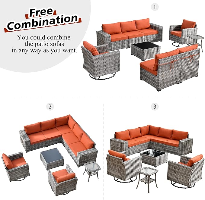 HOOOWOOO Outdoor Patio Sectional Furniture Sofa Set with Swivel Rocking Chairs,9 Piece Modern Wicker Couch with Widened Armrest,Modular Conversation Seating Set for Garden(Orange Red)