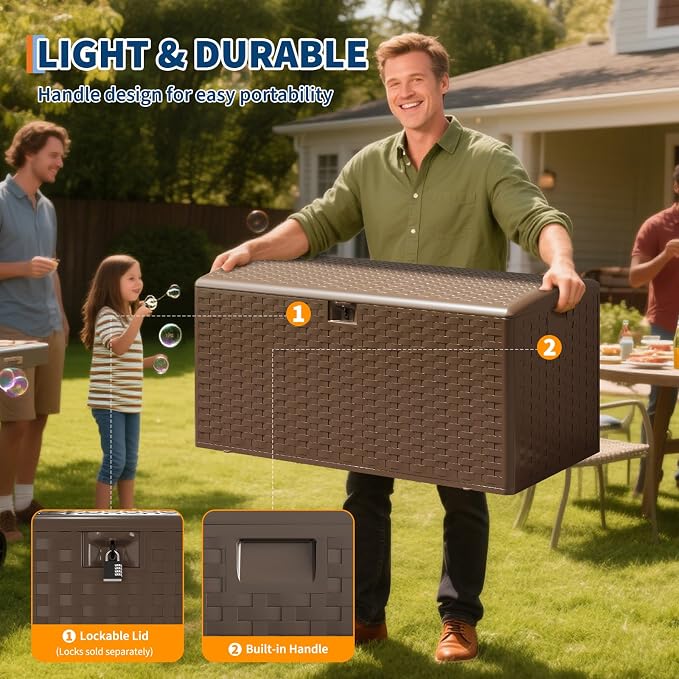 50 * 22 * 25 Inch Brown Resin Deck Box, 99 Gallon Outdoor Storage Box– Waterproof Lockable Outdoor Storage, Patio Container for Cushions/Garden Tools/Pool Accessories -With Gas Strut Brown