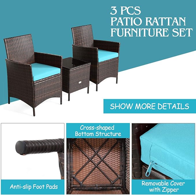 Tangkula 3-Piece Patio Conversation Set, Wicker Chairs with Glass Top Square Coffee Table & Cushions, All-Weather Outdoor Rattan Furniture Set for Garden Backyard Balcony Poolside (Turquoise)