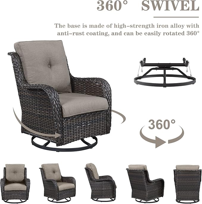 Belord Wicker Patio Furniture Sets - 8 Piece Rattan Outdoor Furniture Conversation Sets with 4 Swivel Rocker Chairs, Rattan Sofa, Wicker Ottomans and Coffee Table, Brown/Grey
