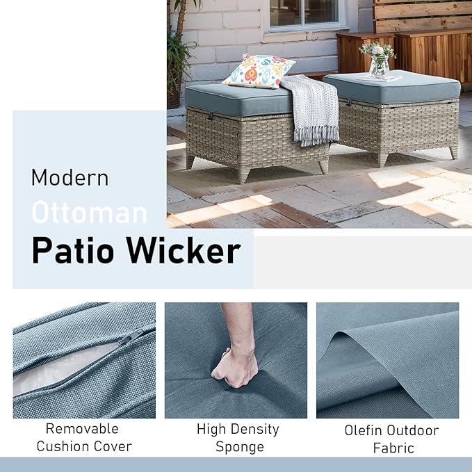 Outdoor Swivel Chairs-Patio Swivel Glider Chairs with Ottomans Outdoor Conversation Set for Deck Balcony Poolside Backyard-Light Grey/Light Blue