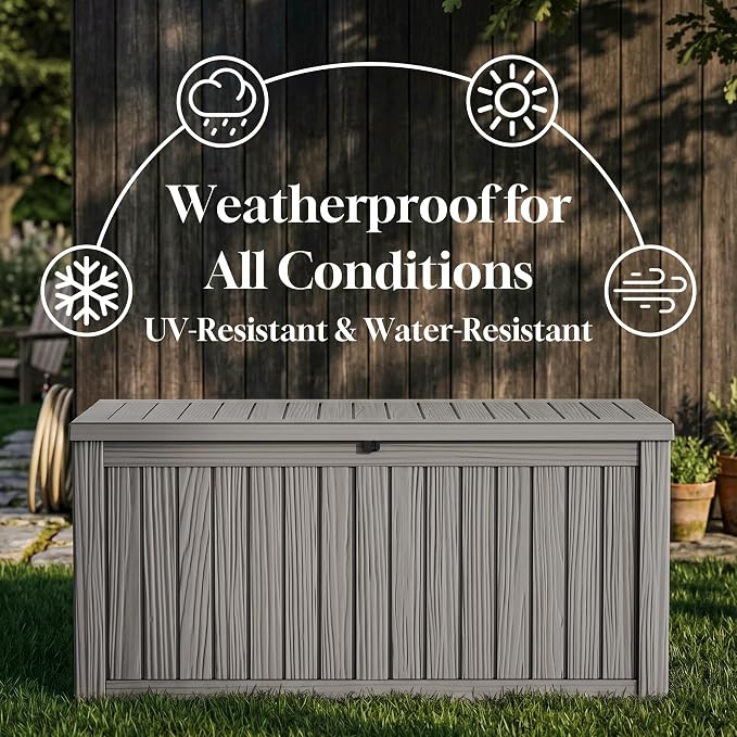 ROJIK 150 Gallon Outdoor Storage Box Waterproof,Weatherproof Deck Boxes Outdoor Lockable,Resin Outside Storage Box for Garden Tools,Cushions,Pool Accessories(Grey,150 Gal)