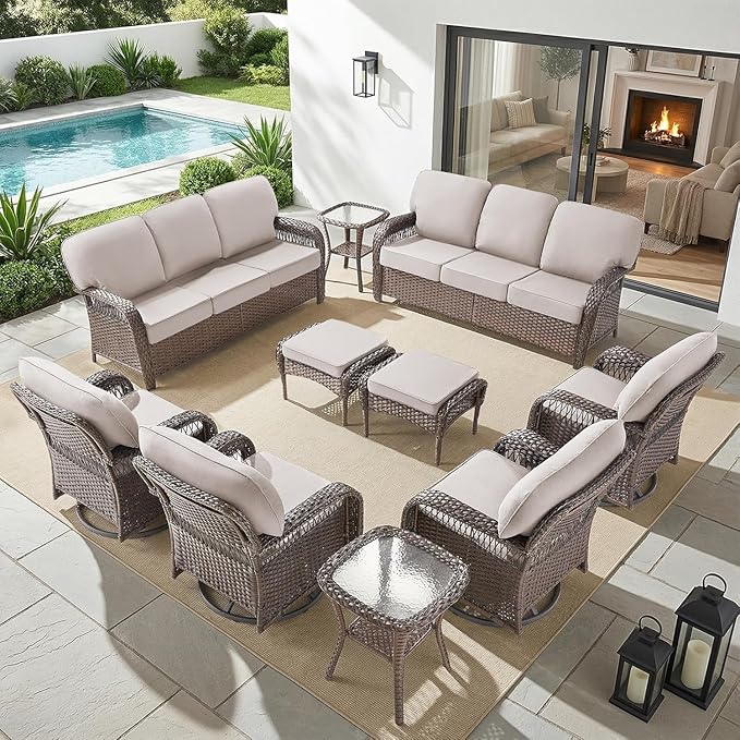 Belord Patio Wicker Swivel Rocker Patio Chairs with 3-Seater Sofa, Outdoor Rattan Chairs for Deck Porch Poolside, 10 Piece Patio Conversation Furniture Set,Beige