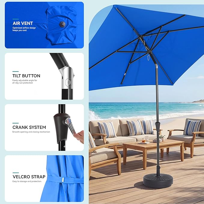 HASLE OUTFITTERS Rectangular Patio Umbrella, 6.5 x 10 ft Rectangle Table Umbrellas w/Heavy Duty Ribs, Effortless Crank and Push Button Tilt, Wind Resistant Sun Umbrella for Outdoor Patio, Blue
