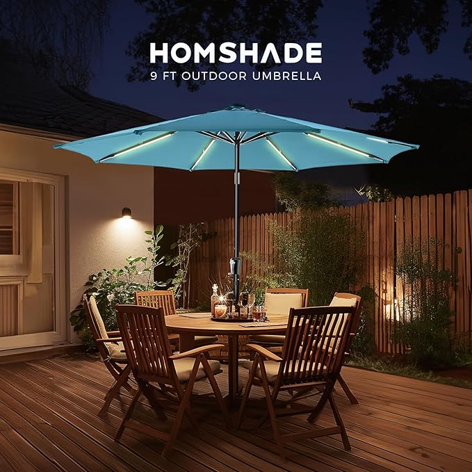 HOMSHADE 9ft Solar Patio Umbrella - Solar Lights LED Lighted UPF50+ UV Protection Umbrella, Outdoor Market Table Umbrella with Push Button Tilt, Crank for Pool Deck and Garden (Light Blue)