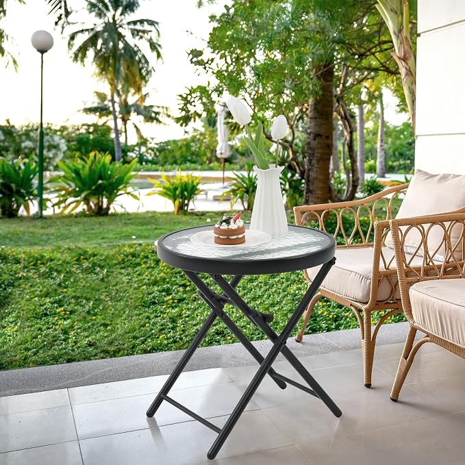 Folding Outdoor Side Table -Patio End Bistro Tables Portable Small 17.5" Round Tempered Glass Top Waterproof Dining Coffee Metal Black