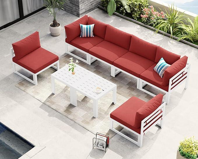 NICESOUL 6 Person Modern Aluminum Outdoor Patio Furniture Set, 29" Wide Deep Seating, Fade & Water Resistant L Shaped Modular Sectional Couch, Large Comfy Conversation Set for Backyard Terrace, Red