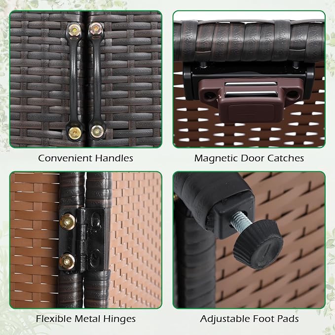 Tangkula Rattan Outdoor Storage Cabinet with 2 Adjustable Shelves | Patiojoy Outdoor Cabinet with Adjustable Shelves, 4 Doors, Patio Storage Deck Box Table for Patio Garden Poolside, Mix Brown