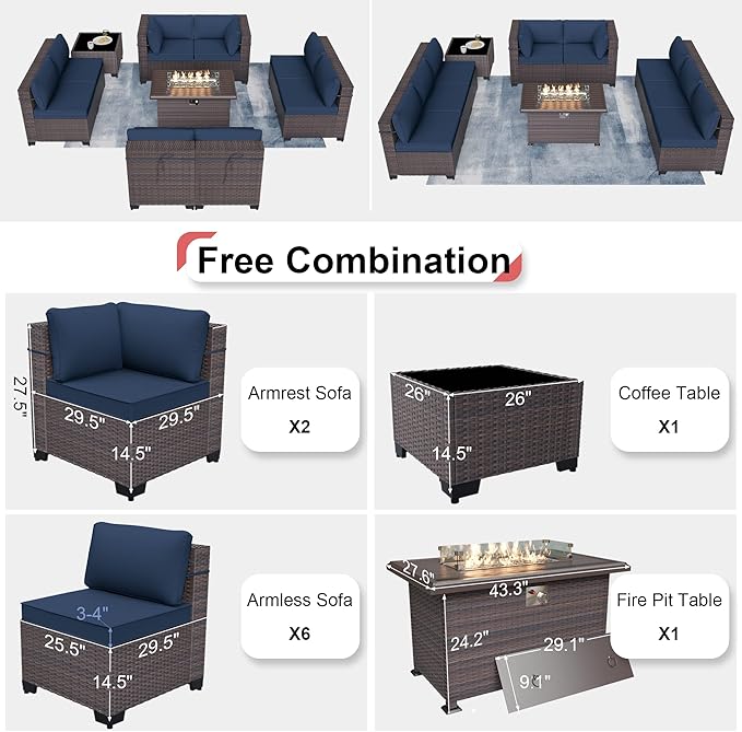 Patio Furniture Sectional Sofa 10PCS PE Rattan Patio Conversation Set w/43in Gas Fire Pit Table, Patio Outdoor Furniture with 4 Inch Thickened Cushions and Glass Coffee Tables, Navy Blue