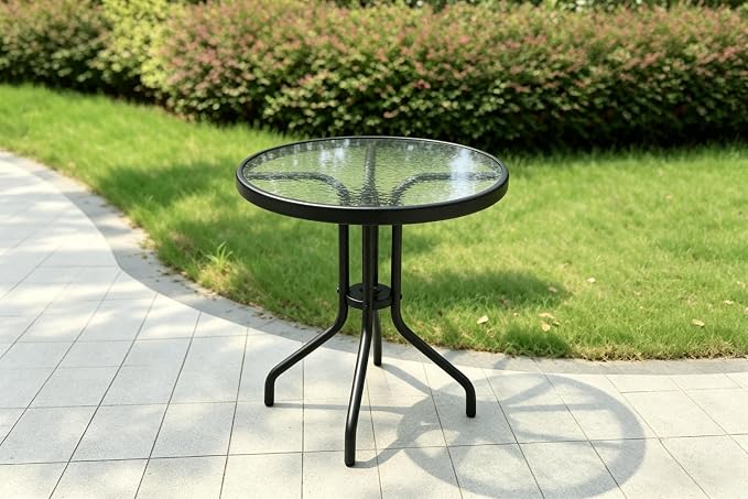Outdoor Round Glass Small Patio Table, Tempered Glass Top with Rust-Resistant Metal Frame, Small Bistro Coffee Table for Balcony, Garden, Patio