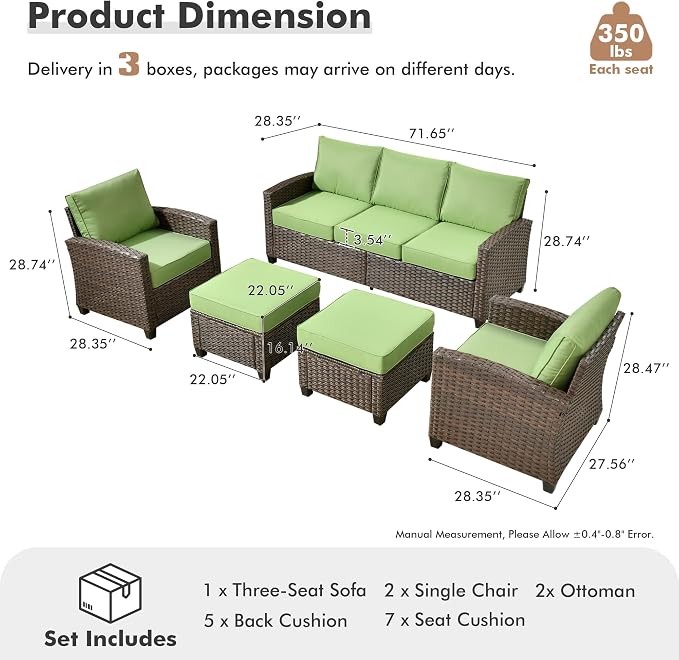 ovios 5 Pieces Patio Furniture Set, Outdoor Wicker Sofa Couch with Chairs Comfy Cushions, All Weather Brown Rattan Conversation Set for Backyard Deck Porch, Green