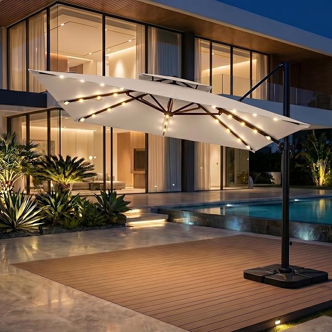 Kingdura Cantilever Patio Umbrella with Double Top Vent, Large Square Aluminum Outdoor Offset Umbrella with 360-degree Rotation, Infinite Tilt, UV Protection for Pool Deck Garden Patio