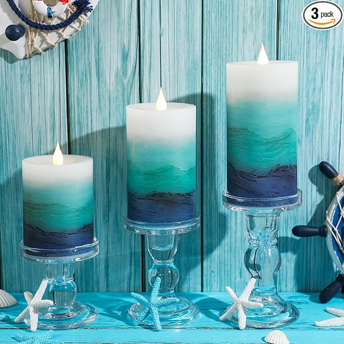 Baquler 3 Pcs Blue Teal Coastal Beach Pillar Candles Flameless LED Ocean Gradient Candles Battery Operated Decorative Flickering Candlestick for Wedding Home Seaside Nautical Party Decor